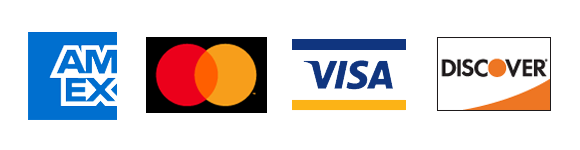 Accepted card logos; AMEX, MasterCard, Visa, and Discover
